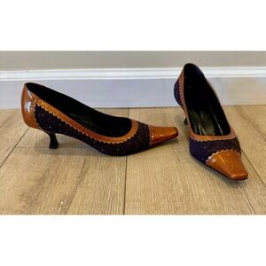 RARE Moschino Y2K Cheap And Chic Navy tweed orange kitten Heels Sz 37 EU vintage